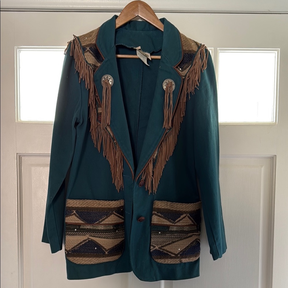 Women's Teal and Brown Fringe Jacket